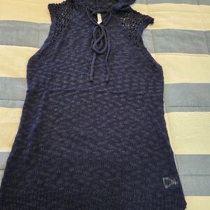 POL Blue Open Weave Tie Front Tank Top